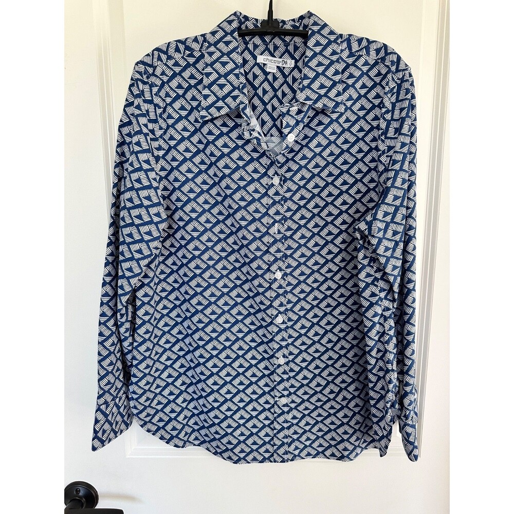 Chico's No-Iron Blue & Whie Geometric Patterm Chico’s 2 (Large / US 12) NWOT